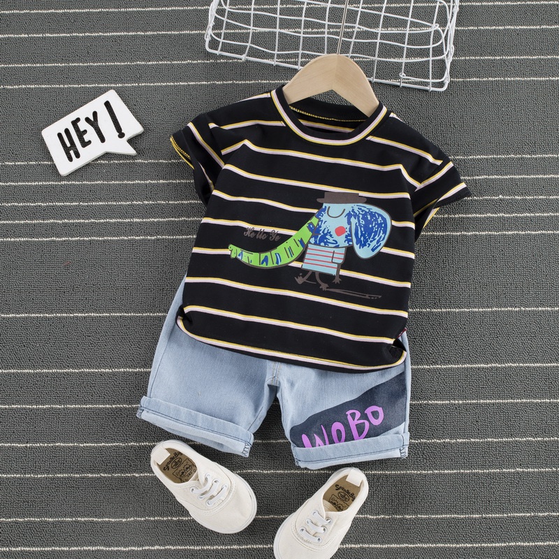 Baby Casual Cartoon Print Striped Short-sleeve Tee